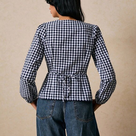 Black And White Casual Women's Versatile Plaid Waist Cinched Long Sleeve Fitted - Picture 2 of 7